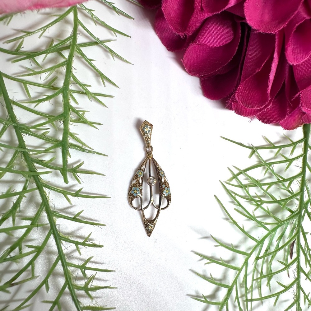 Vintage ⚜️ 14K Gold Enameled Art Nouveau Teardrop Pendant - Picture 5 of 12
